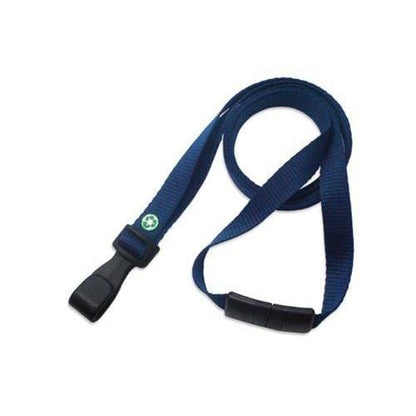 A blue Recycled PET Earth Friendly 3/8" Lanyard with a plastic buckle and pin for medical use, featuring a breakaway design. Sold by Specialist ID.