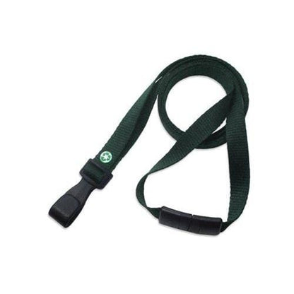 A Recycled PET Earth Friendly 3/8" Lanyard made from dark green fabric, featuring a plastic clip at one end and a safety breakaway clasp.