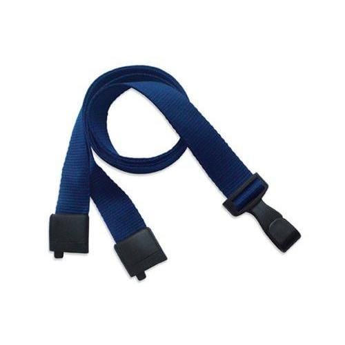 A Recycled PET Wide 5/8" Breakaway Lanyard 2137-206X with black plastic buckles on each end, featuring a no twist hook, rolled into a loop. Sold by Specialist ID.
