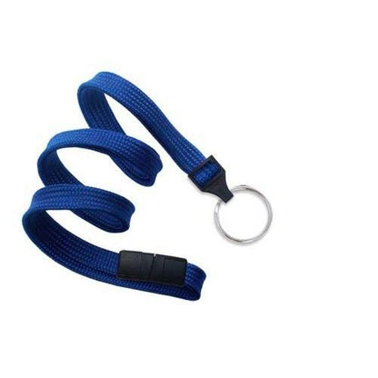 A Flat Breakaway Lanyard With Key Chain Split Ring 2137-365X featuring a blue strap with a silver key ring at one end and a black plastic buckle near the top. Sold by Specialist ID.