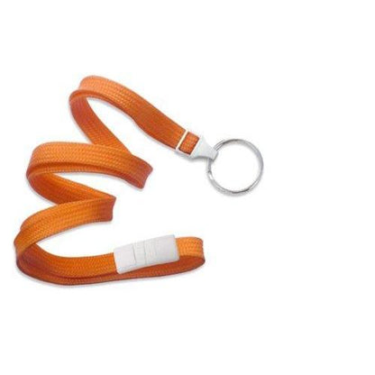 An orange Flat Breakaway Lanyard With Key Chain Split Ring 2137-365X with a white plastic attachment and a metal key ring. Sold by Specialist ID.