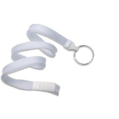 A white Flat Breakaway Lanyard With Key Chain Split Ring 2137-365X with a silver split ring attached, lying in a spiral formation. Sold by Specialist ID.