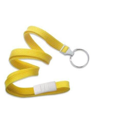 A Flat Breakaway Lanyard With Key Chain Split Ring 2137-365X in yellow, featuring a silver keyring attached and a white plastic clip midway along the strap. Sold by Specialist ID.