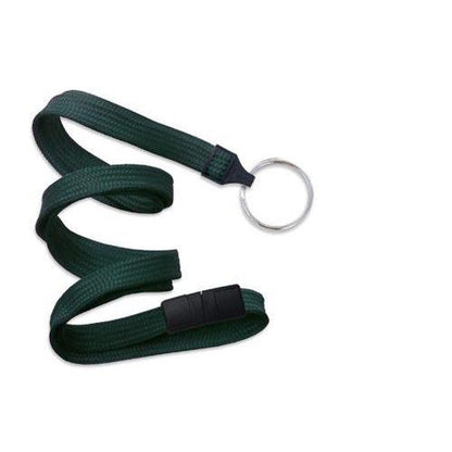 A coiled green 3/8" Flat Breakaway Lanyard With Key Chain Split Ring 2137-365X with a silver keyring attached at one end and a black plastic clip near the ring.