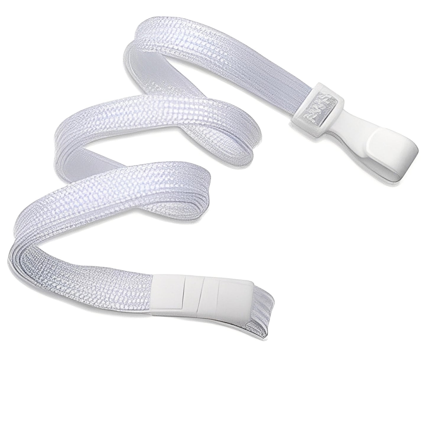 White lanyard with no twist plastic hook and breakaway feature on a white background