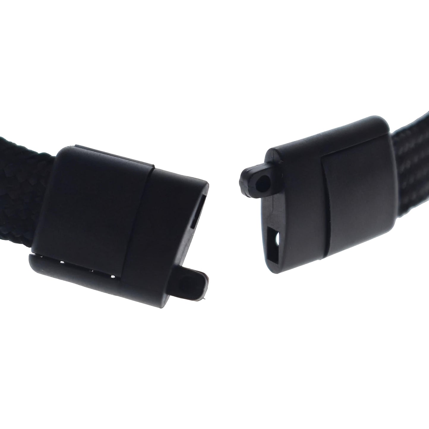 Close-up of a black woven lanyard with a plastic buckle on a white background