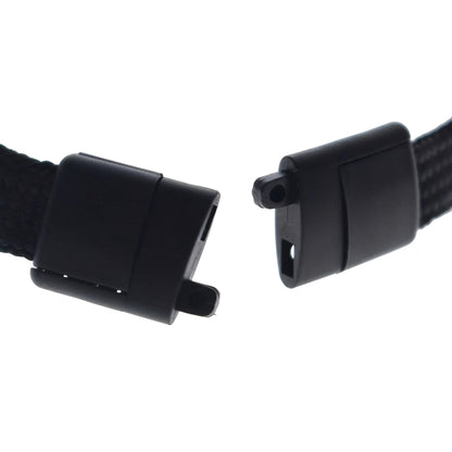 Close-up of a black woven lanyard with a plastic buckle on a white background. Sold by Specialist ID.