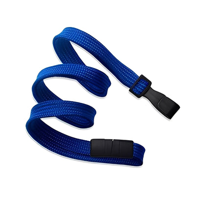 A Breakaway Lanyard with No Twist Plastic ID Clip - MRI and Metal Detector Friendly (2137-474X), blue, shown zigzagged on a white background, featuring a black plastic buckle. Sold by Specialist ID.