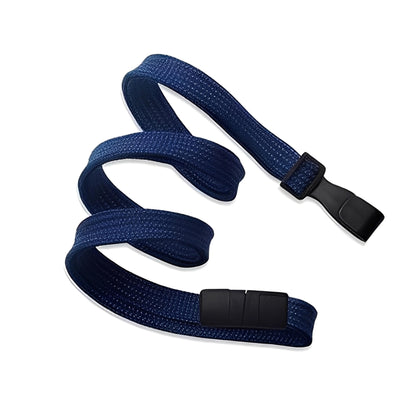 A Breakaway Lanyard with No Twist Plastic ID Clip—MRI and metal detector friendly (2137-474X)—coiled blue elastic design with black plastic buckles, shown on a white background. Sold by Specialist ID.