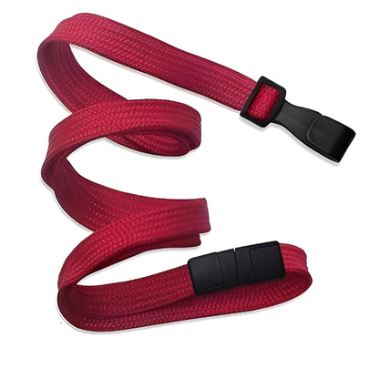 The Breakaway Lanyard with No Twist Plastic ID Clip (2137-474X) is a red, metal-free strap featuring black plastic buckles on each end, shown coiled on a white background. It's MRI and metal detector friendly.