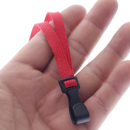 Red strap with a black buckle held in a hand against a white background. Sold by Specialist ID.
