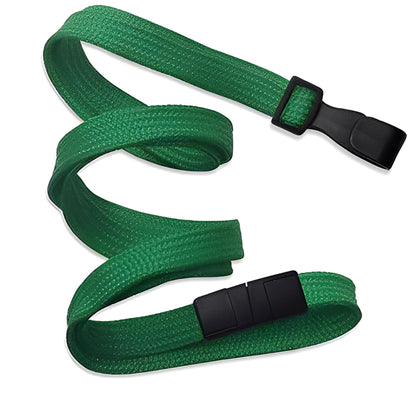 A Breakaway Lanyard with No Twist Plastic ID Clip (2137-474X), MRI and Metal Detector friendly, in green with black plastic buckles on both ends, shown on a white background. Sold by Specialist ID.