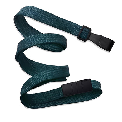 A Breakaway Lanyard with No Twist Plastic ID Clip (MRI and metal detector friendly, 2137-474X) in dark teal fabric with black plastic clips at both ends, displayed against a white background.