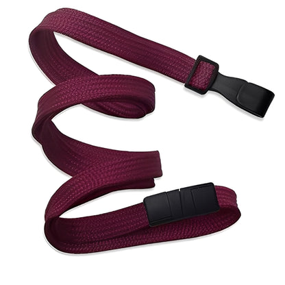 The Breakaway Lanyard with No Twist Plastic ID Clip (2137-474X) is maroon, features two black plastic clips, and is metal detector/MRI friendly—ideal for secure, comfortable everyday wear without any metal parts.