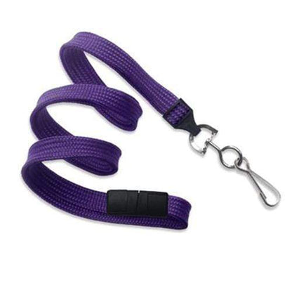 A Premium Breakaway Lanyard with Metal Swivel Hook (2137-5001, 50XX) in purple, featuring a black buckle and metal swivel hook, coiled in a spiral pattern, shot from a top-down perspective against a white background.