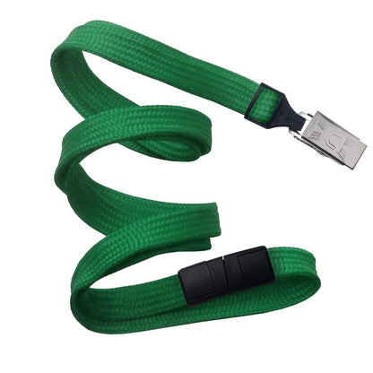 A coiled green Premium Breakaway Lanyard with Bulldog Clip (2137-600X), resembling a bulldog clip, and a black plastic buckle on the other. Sold by Specialist ID.