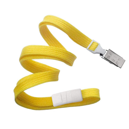 A Premium Breakaway Lanyard with Bulldog Clip (2137-600X), laid out in a spiral, closely resembling a yellow tourniquet with a white plastic buckle and metal clip. Sold by Specialist ID.