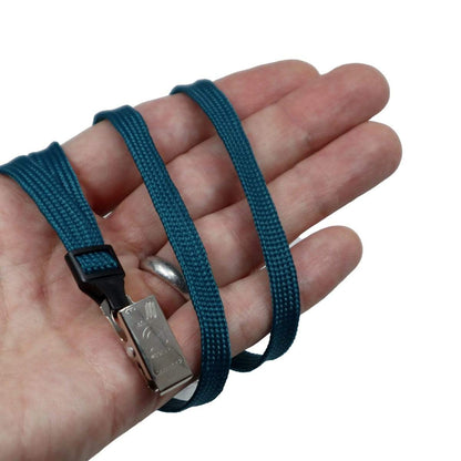 A hand holding a Premium Breakaway Lanyard with Bulldog Clip (2137-600X) with a metal clip and an adjustment buckle. Sold by Specialist ID.