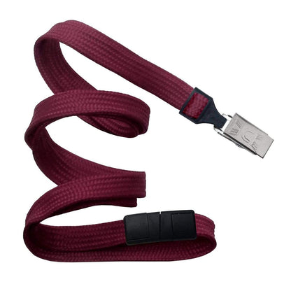 A Premium Breakaway Lanyard with Bulldog Clip (2137-600X) with a metal clasp, resembling a breakaway lanyard, and a black buckle is coiled in a spiral shape against a white background.