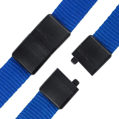 Close-up of blue straps with black plastic quick-release clasps, shown both connected and separated, reminiscent of a Premium Wide Breakaway Lanyard with Detachable Lobster Claw Clasp - Great for Keys or Badges (2138-362X).
