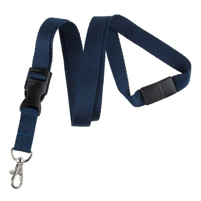A Premium Wide Breakaway Lanyard with Detachable Lobster Claw Clasp - Great for Keys or Badges (2138-362X) in blue features a metal clip, plastic buckle, adjustable strap, and quick release clasp.