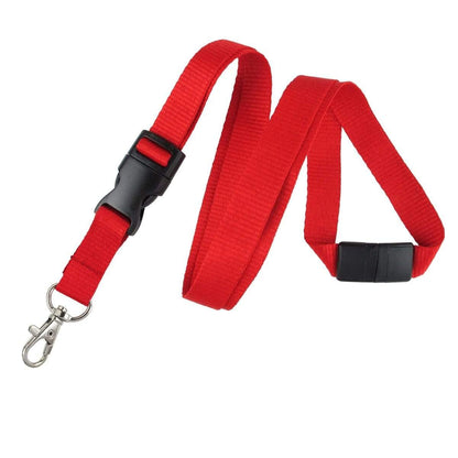 A Premium Wide Breakaway Lanyard with Detachable Lobster Claw Clasp - Great for Keys or Badges (2138-362X) features a red strap with a metal swivel hook and plastic buckle, easily doubling as a keychain badge holder.