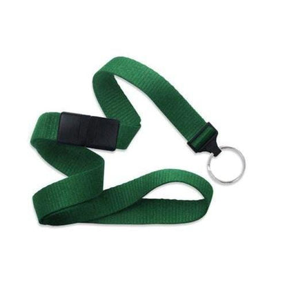 A wide breakaway lanyard in green featuring a safety breakaway feature, complete with a black plastic clip and a metal key ring attachment. Sold by Specialist ID.