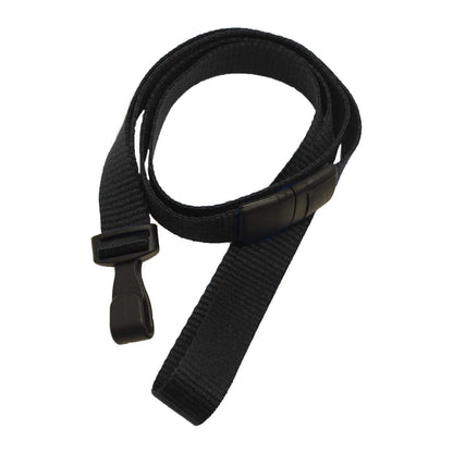 A black 5/8" nylon strap coiled loosely, featuring a plastic buckle and clip, designed as a Wide 5/8" Lanyard with No Twist Plastic Hook (2138-478X) for added safety. Sold by Specialist ID.