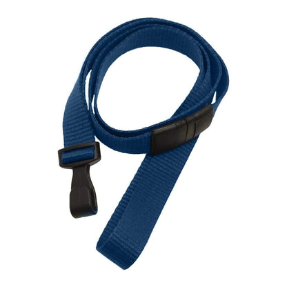 A rolled-up blue Wide 5/8" Lanyard with No Twist Plastic Hook (2138-478X) with a black plastic buckle and no-twist plastic hook. Sold by Specialist ID.