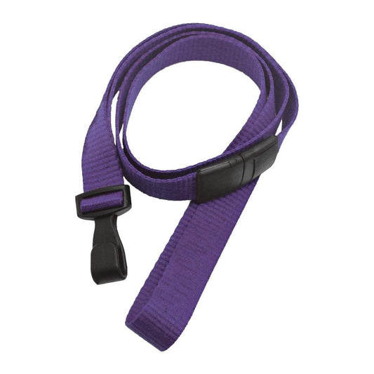 A purple Wide 5/8" Lanyard with No Twist Plastic Hook (2138-478X) is coiled into a loose loop. Sold by Specialist ID.