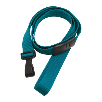 A Wide 5/8" Lanyard with No Twist Plastic Hook (2138-478X) featuring a coiled teal nylon strap with black plastic buckles and no-twist plastic hooks on both ends. Sold by Specialist ID.