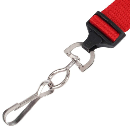 A close-up view of a Flat Wide Breakaway Lanyard with Swivel Hook - 5/8 Inch Width (2138-500X) with a metal swivel hook attached to a black plastic connector, featuring a 5/8 inch width.