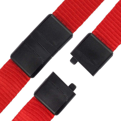 Close-up of a red strap with its black plastic buckle parts unfastened, showing how the components fit together on this Flat Wide Breakaway Lanyard with Swivel Hook - 5/8 Inch Width (2138-500X).