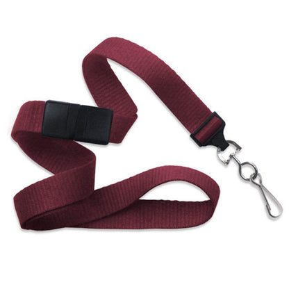 The Flat Wide Breakaway Lanyard with Swivel Hook - 5/8 Inch Width (2138-500X), maroon in color, featuring a black plastic breakaway clasp and a metallic swivel hook attachment. Sold by Specialist ID.