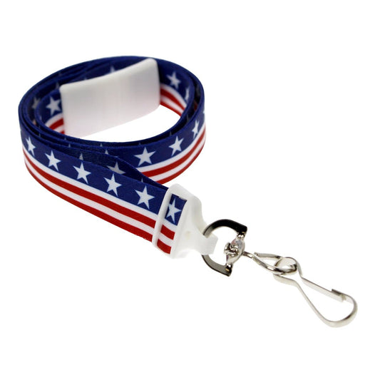 This American Flag Breakaway Lanyard with Swivel Hook (P/N 2138-5081) boasts red and white stripes and white stars on a blue background, making it an ideal 4th of July accessory. Featuring a sturdy metal clip at the end, it's perfect for showcasing your patriotic pride with its iconic Patriotic Stars & Stripes design.