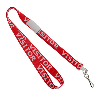 Red Printed Visitor Lanyard With Swivel Hook (P/N 2138-5220), featuring a metal clip and safety breakaway mechanism.
