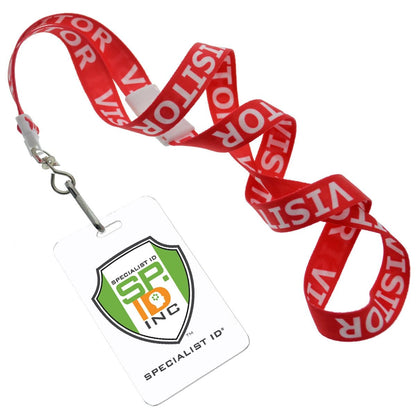 A Red Printed Visitor Lanyard With Swivel Hook (P/N 2138-5220), featuring a safety breakaway clasp and a swivel hook, is attached to a clear plastic badge holder displaying a white card with a logo and the text "SPECIALIST ID.