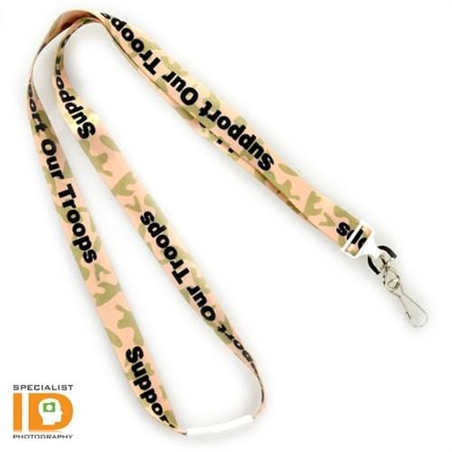 A Support Our Troops Camouflage Lanyards 2138-5250 with black text that reads "Support Our Troops," featuring a metal clasp at the end. The image has the logo of Specialist ID in the corner.