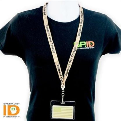 Person wearing a black "Specialist ID" t-shirt with a beige "Support Our Troops Camouflage Lanyards 2138-5250" breakaway lanyard holding an ID badge.