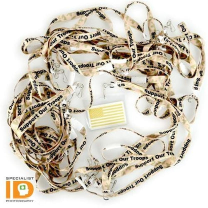 A disorganized pile of Support Our Troops Camouflage Lanyards 2138-5250, alongside a small American flag.