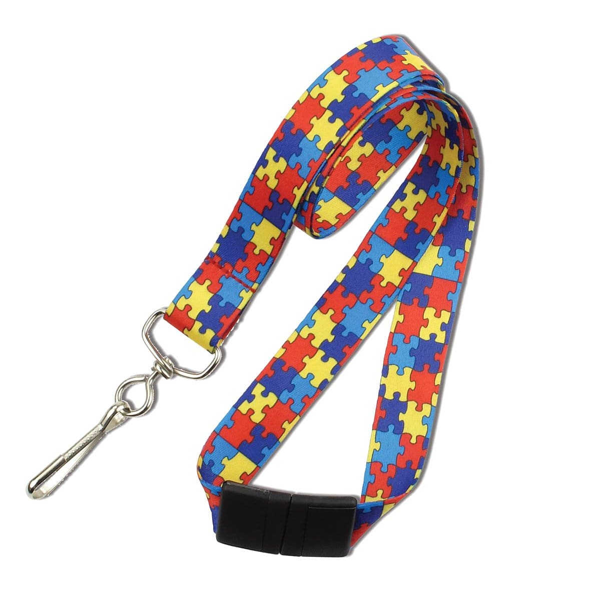 A colorful Autism Awareness Flat Breakaway Lanyard With Swivel Hook (2138-5281, 2138-5282) with a puzzle piece pattern in red, blue, yellow, and green, featuring a metal swivel hook clasp.