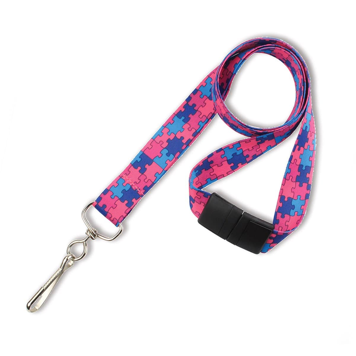 An Autism Awareness Flat Breakaway Lanyard With Swivel Hook (2138-5281, 2138-5282) with a puzzle piece pattern in shades of blue, pink, and purple, featuring a metal swivel hook and a breakaway safety clasp. Perfect for Autism Awareness events, this breakaway lanyard combines style and function.
