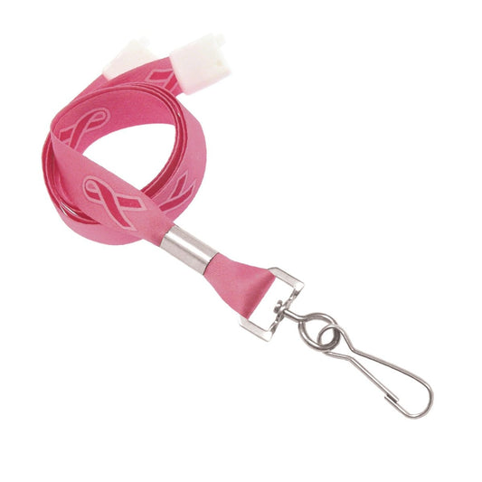 Pink Ribbon Awareness Wide Flat Breakaway Lanyard w/ Swivel Hook 2138-5286 with a metal clasp and hook, coiled on a white background, perfect for Breast Cancer Awareness.