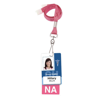 A hospital ID badge with a Pink Ribbon Awareness Wide Flat Breakaway Lanyard w/ Swivel Hook 2138-5286 showing a photo of a woman named Hillary Millin. The badge, promoting Breast Cancer Awareness, indicates she works at General Hospital with the designation "NA.