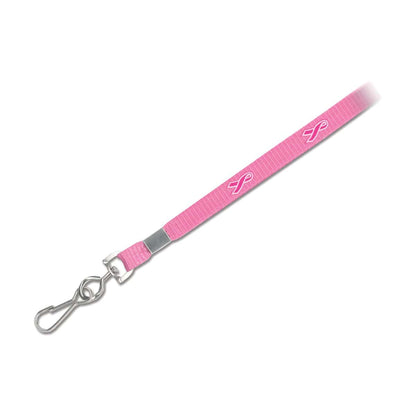 A 3/8" Awareness Lanyard with Pink Ribbon (P/N 2138-5288) featuring small breast cancer awareness ribbons and a metal clip at the end, perfect for holding your ID badge with style and supporting Pink Ribbon Awareness.