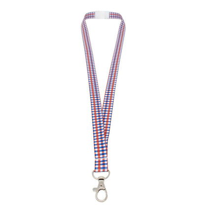 A USA Plaid Breakaway 5/8" Lanyard with Lobster Hook (P/N 2138-5303) in red, white, and blue, featuring a metal clasp at the end, perfect for displaying your ID badge with patriotic pride.