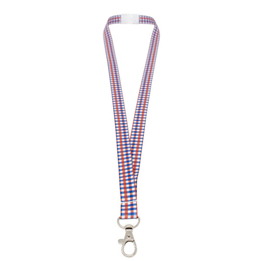A USA Plaid Breakaway 5/8" Lanyard with Lobster Hook (P/N 2138-5303) in red, white, and blue, featuring a metal clasp at the end, perfect for displaying your ID badge with patriotic pride.
