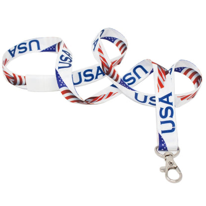 A USA Flag Breakaway 5/8" Lanyard with Lobster Hook (P/N 2138-5304), featuring "USA" and American flag designs, a metal swivel hook at one end, and a breakaway for safety and convenience for everyday use.
