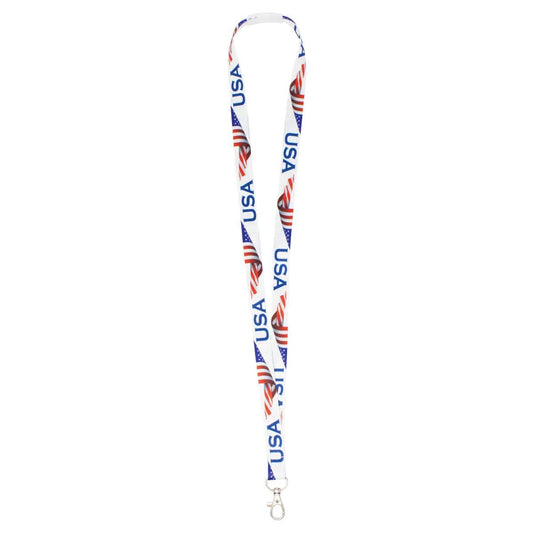 A USA Flag Breakaway 5/8" Lanyard with Lobster Hook (P/N 2138-5304) with "USA" and patterns resembling the American flag printed in blue and red. It has a metal lobster hook at the bottom.