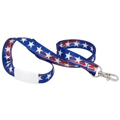 A 4th of July Patriotic USA Lanyard with Breakaway - Red White & Blue with Stars (2138-5305) in blue adorned with white stars and red stripes, featuring a white plastic clip and metal clasp hook. This breakaway neck strap ensures both style and safety.